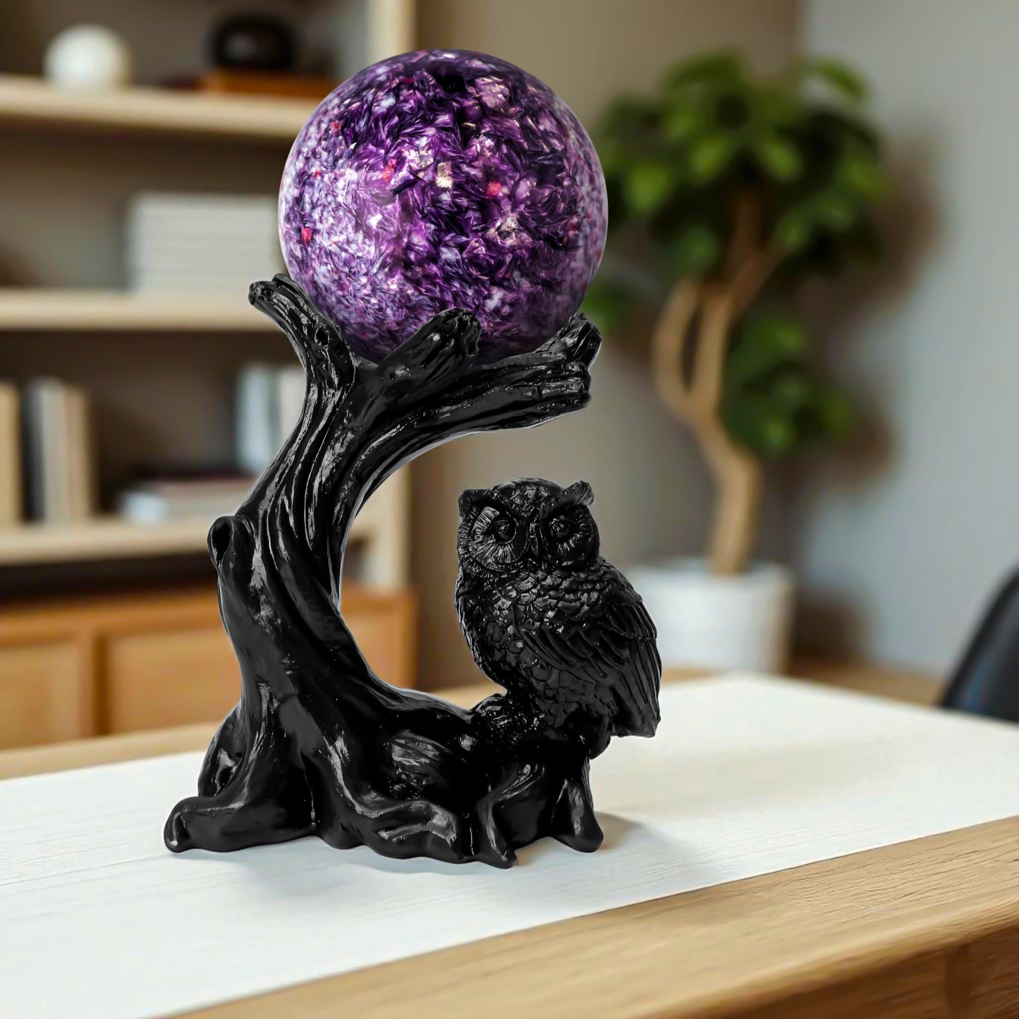 KH866 Owl Sphere Holder Crystal Stand Ball Resin Display – 4.92''x4.06'' Natural Quartz Wood Base Figurine, Stable Desktop Decoration for Bedroom, Office, Living Room, Study – Crystal Ball Decor Gift