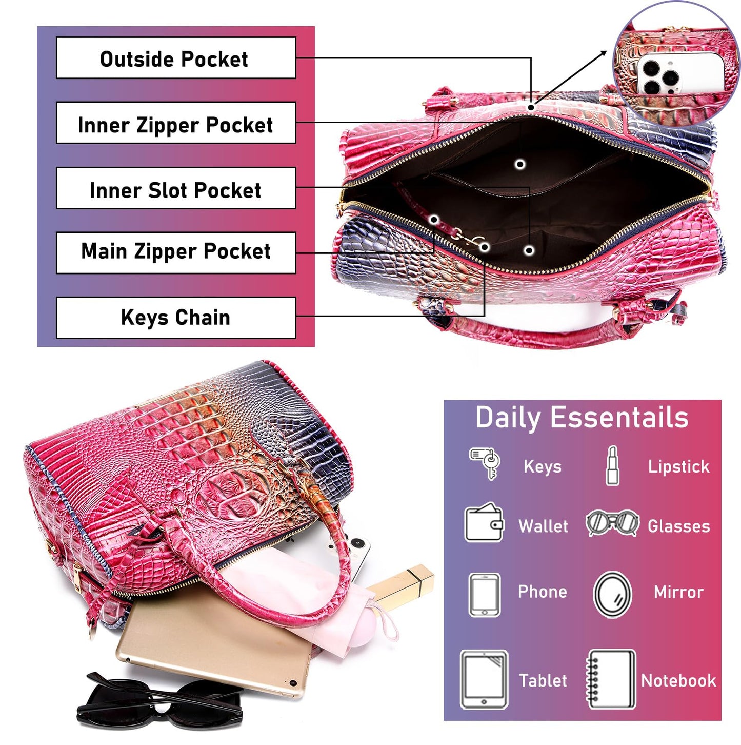 Makcr Joacbv Top-Handle Crocodile Purses For Women Crossbody Leather Bags Trendy Large Capacity Tote with Shoulder Strap