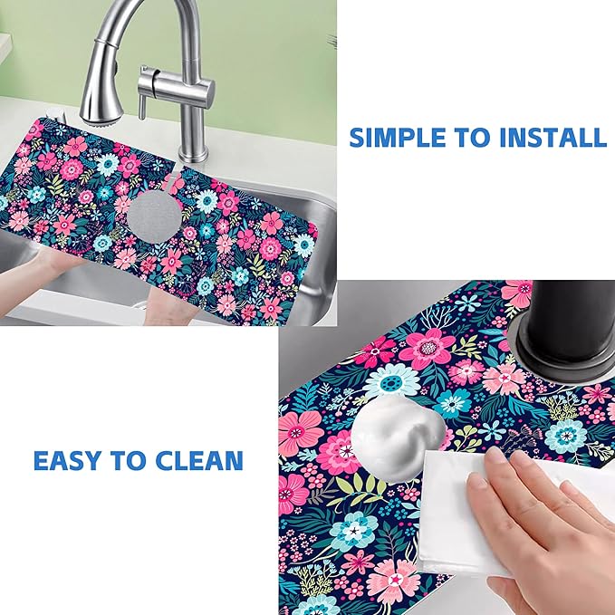 Modern Blue and Pink Floral Sink Faucet Absorbing Mat Sink Splash Guard Faucet