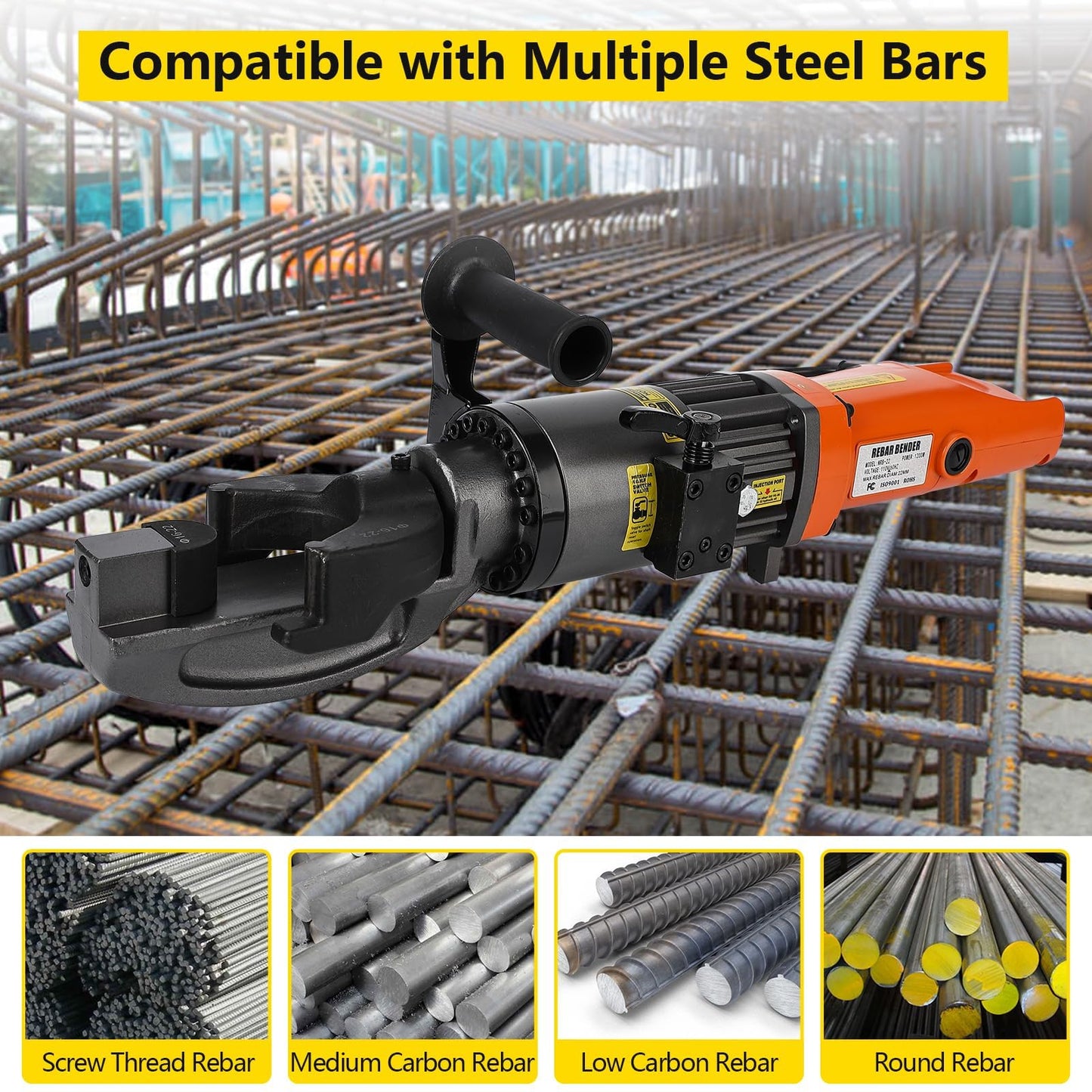 1200W Electric Hydraulic Rebar Bender Tool, Bending up to 7/8 Inch #7 22mm Rebar, Bending Angle0-130°, Hand Held Bender Machine for Rod Steel Bar (110V NRB-22)