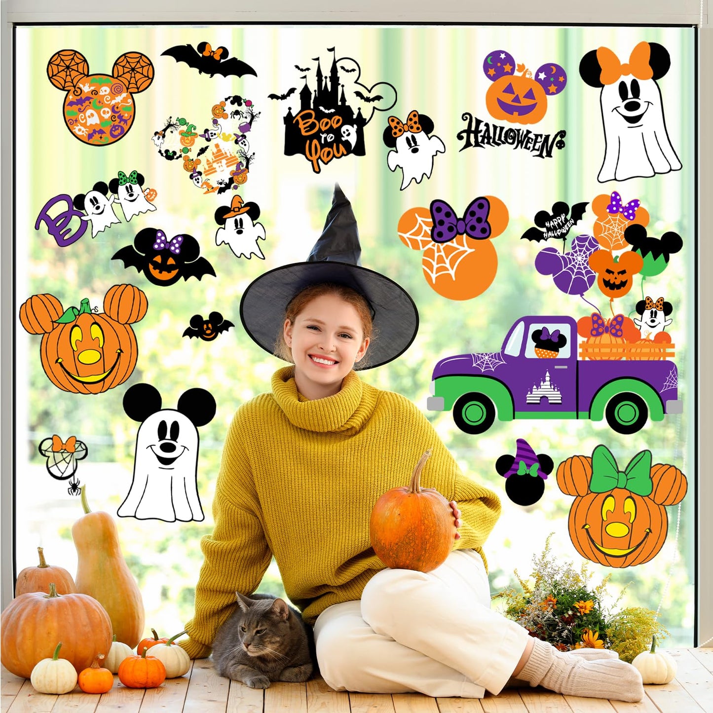 Mouse Themed Halloween Window Decals - 9 Sheets of Removable Pumpkin & Ghost Stickers for Glass Windows