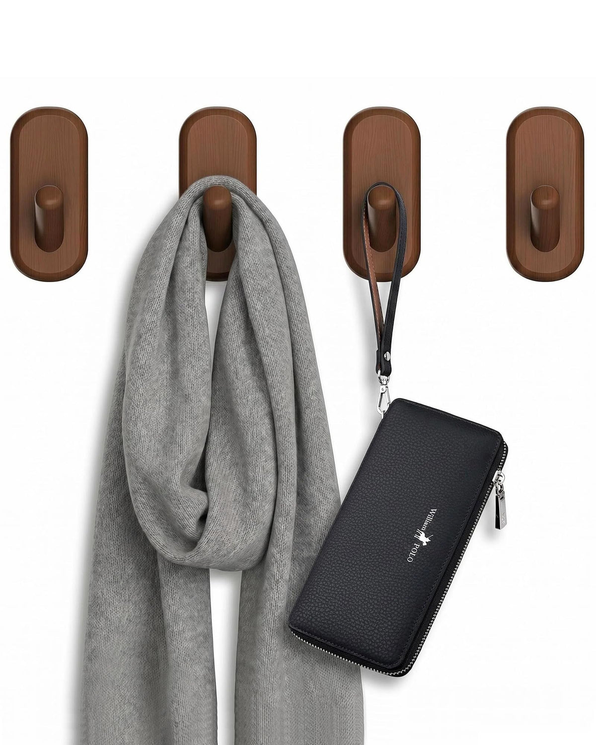 FCOWK Wooden Wall Hooks for Hanging - 4 Pack Heavy Duty Coat Hooks Wall Mount- Solid Walnut Wood Hat, Bag, Backpack & Towel Hooks - Modern Key Holder for Bathroom & Entryway (Dark Walnut)