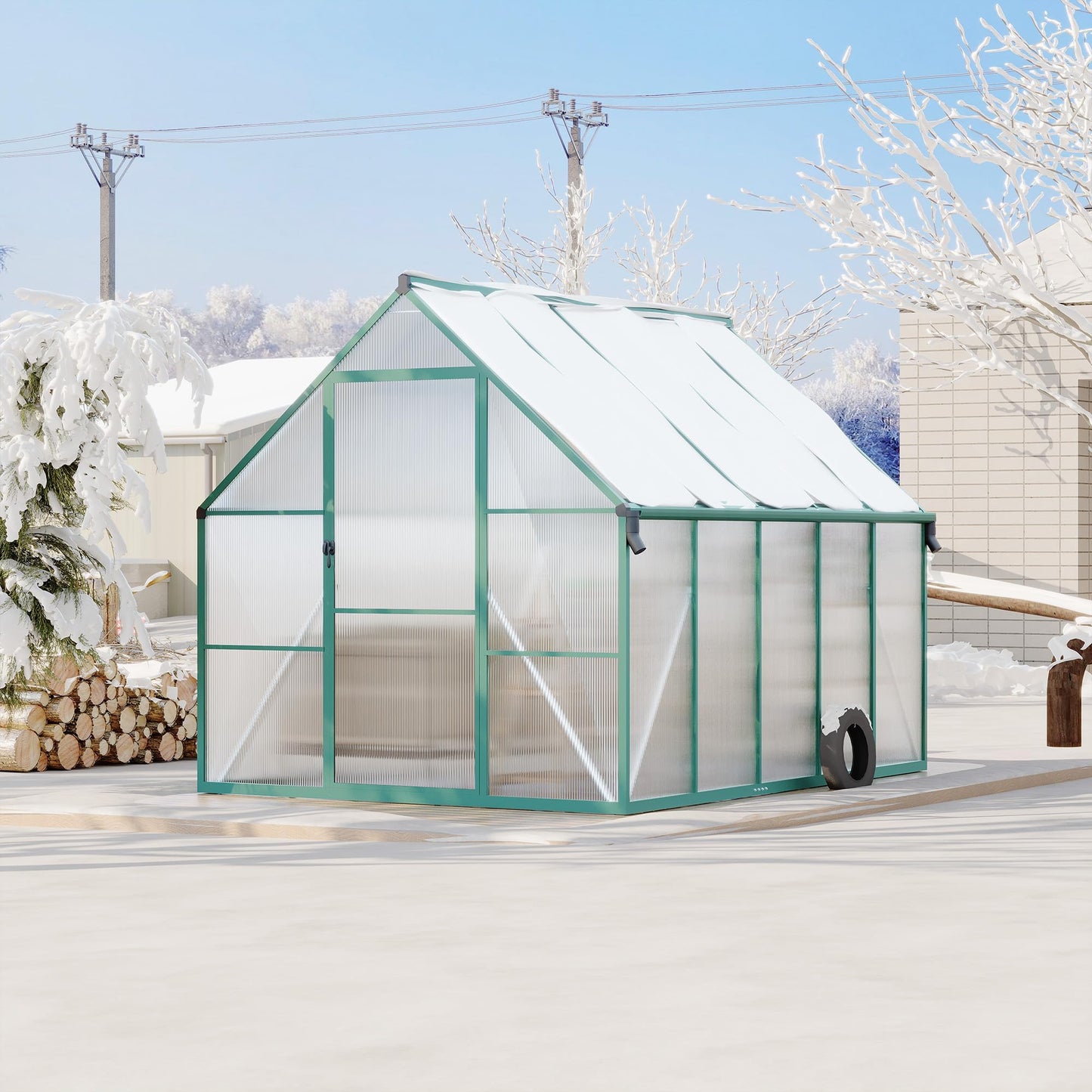 8x10 FT Outdoor Polycarbonate Greenhouse, Aluminum Frame Walk-in Greenhouse with Ventilation Windows & Rain Gutters, Heavy Duty Green House for Backyard Garden Patio Plant Growing