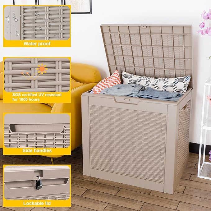 31 Gallon Outdoor Deck Box, Lockable Waterproof Outdoor Storage Boxes For Garden Tools,Indoor Cushions,Accessories Outside Storage Resin Weatherproof Container(Grey)