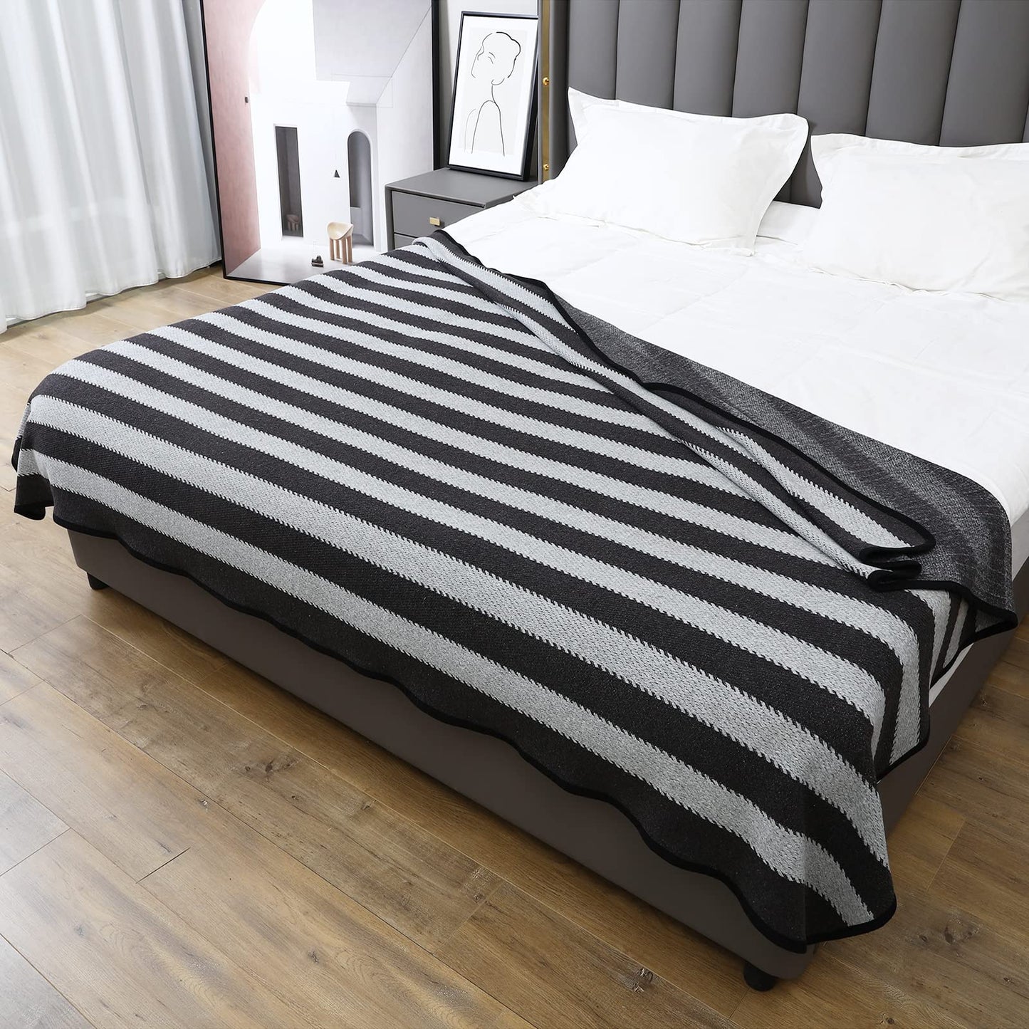 PuTian Merino Wool Blanket - 63" x 51" Thick Warm Soft Twin Bed Throw - Great for Camping, Outdoors, Travel, Car, Couch, All Seasons Grey Stripe