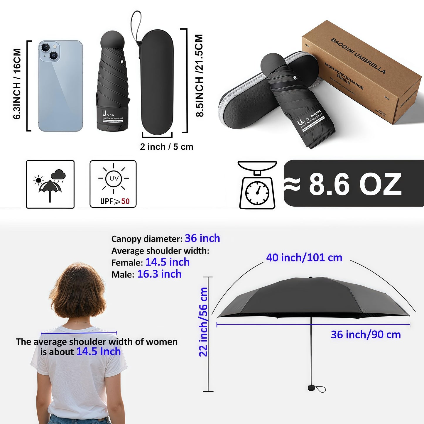 BAODINI Mini Travel Umbrella With Case Small Compact UV Umbrella Protection Sun Lightweight Tiny Pocket Umbrella