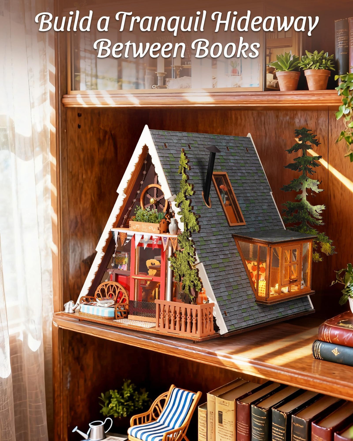 Rolife DIY Miniature House Kit A-Frame Cabin, 3D Wooden Puzzle Tiny House with Openable Skylight for Teens & Adults, Cozy Forest Cabin Décor, Creative Gift for Birthday & Holidays