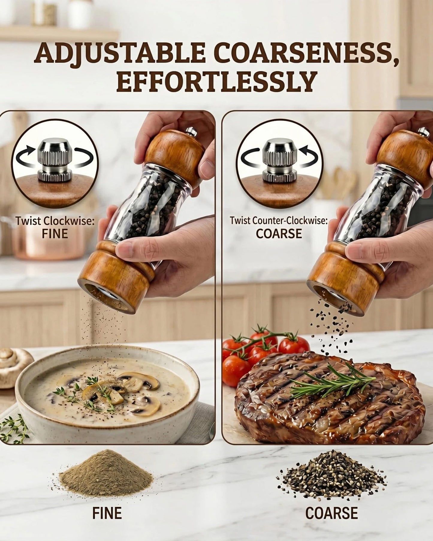 Dzmbv Wooden Salt and Pepper Grinder Set with Tray - 6.3 Inch Refillable Manual Pepper Mill & Sea Salt Grinder, Acrylic Window, Adjustable Ceramic Rotor for Peppercorns, House Warming Gifts