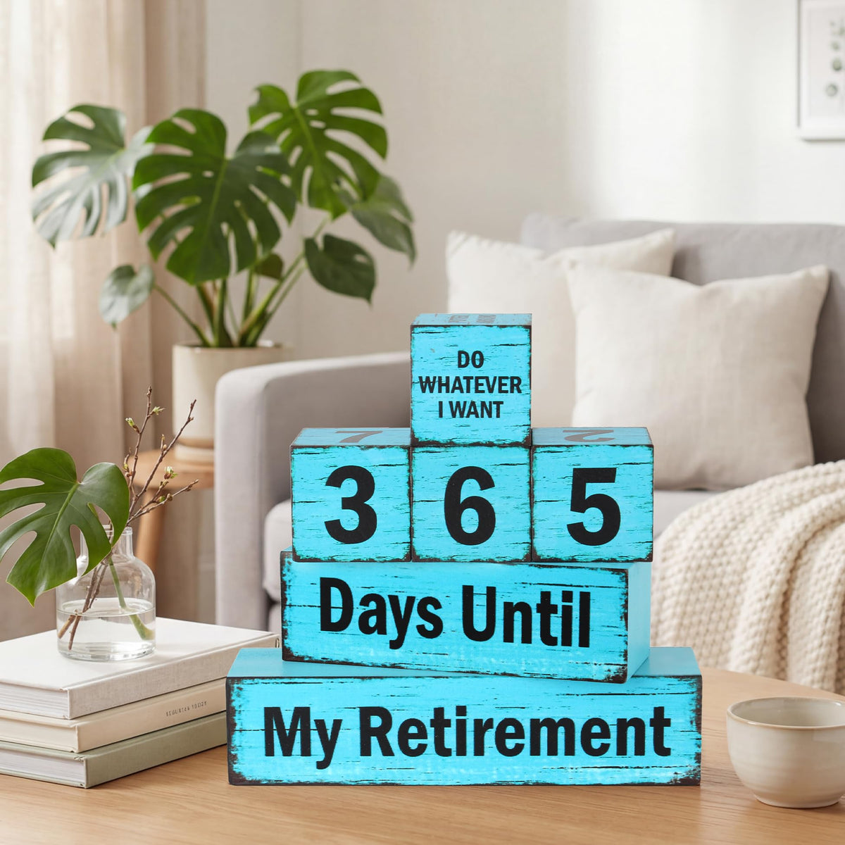 7 Pcs 365 Days Retirement Countdown Wooden Table Decor, Retire Activities Decision Dice Table Decorations for Home Office