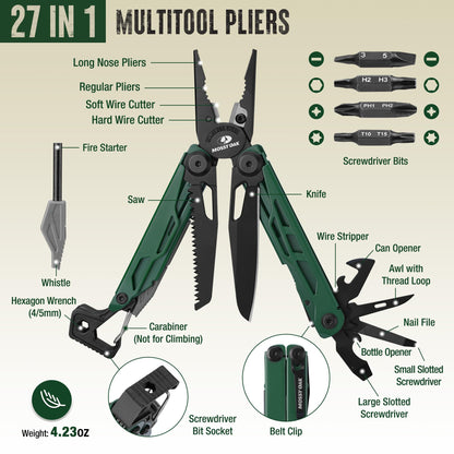 MOSSY OAK CNC-Machined Multitool Pliers, 27-in-1 Multi Tool with Pocket Knife, Fire Starter & Whistle, Bottle Opener, Screwdriver – Self-Locking Survival Tool for Camping & Hiking