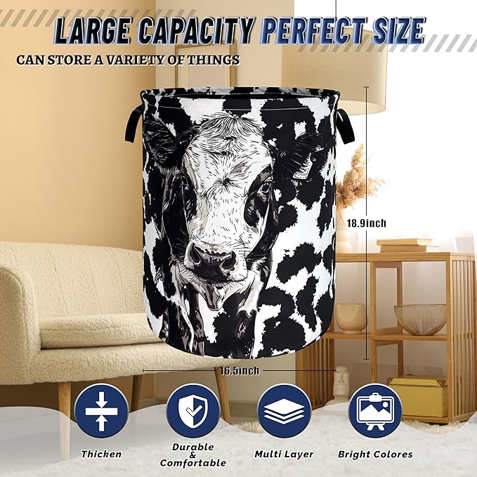 Personalize Black White Cow Laundry Basket Oxford Cloth Foldable Animal Laundry