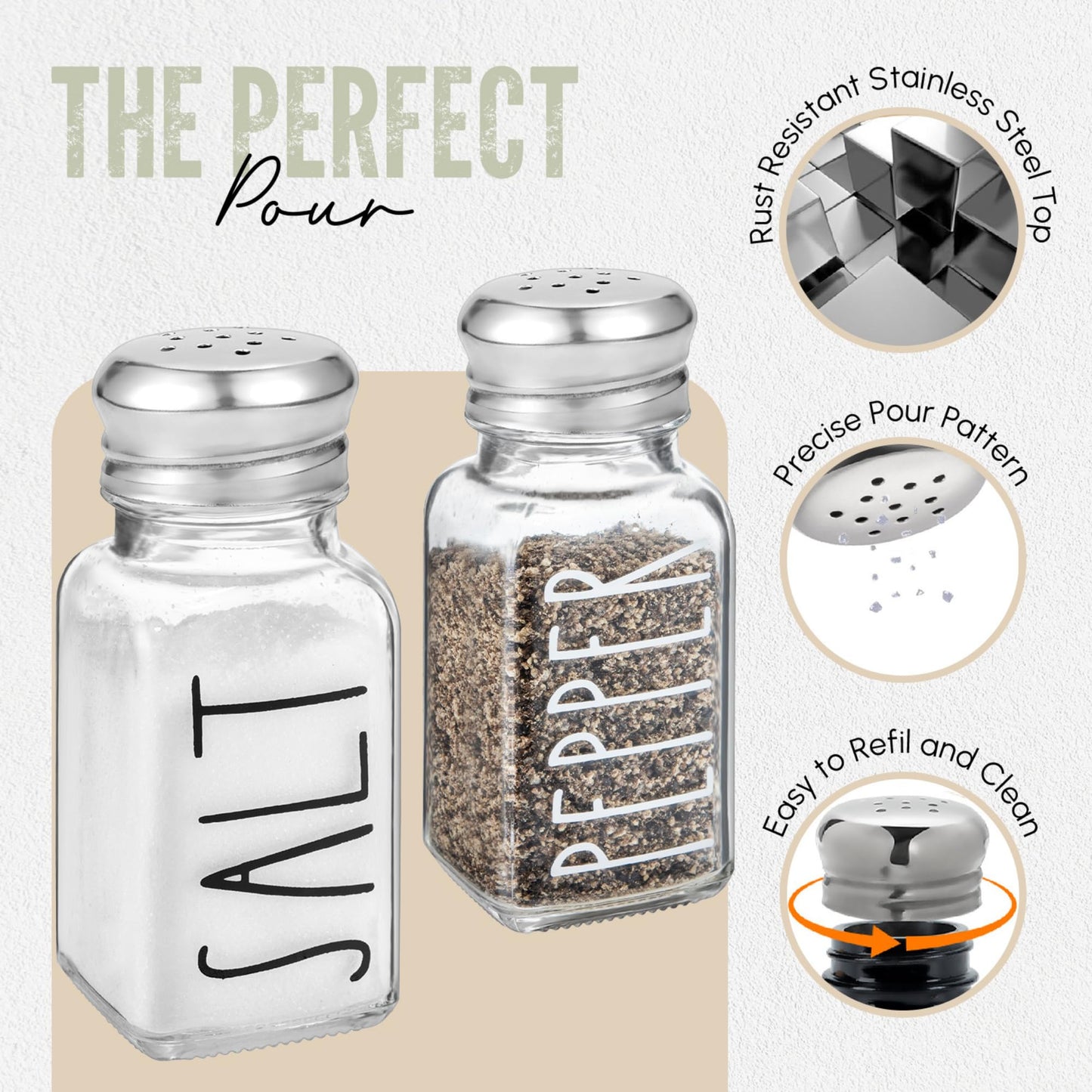 Clear Glass Salt and Pepper Shakers Set with Holder by Brighter Barns - Dining Table Countertop Accessories, Farmhouse Kitchen Decor - Glass Shakers with Caddy for Restaurant, BBQ, Camping, RV (Clear)