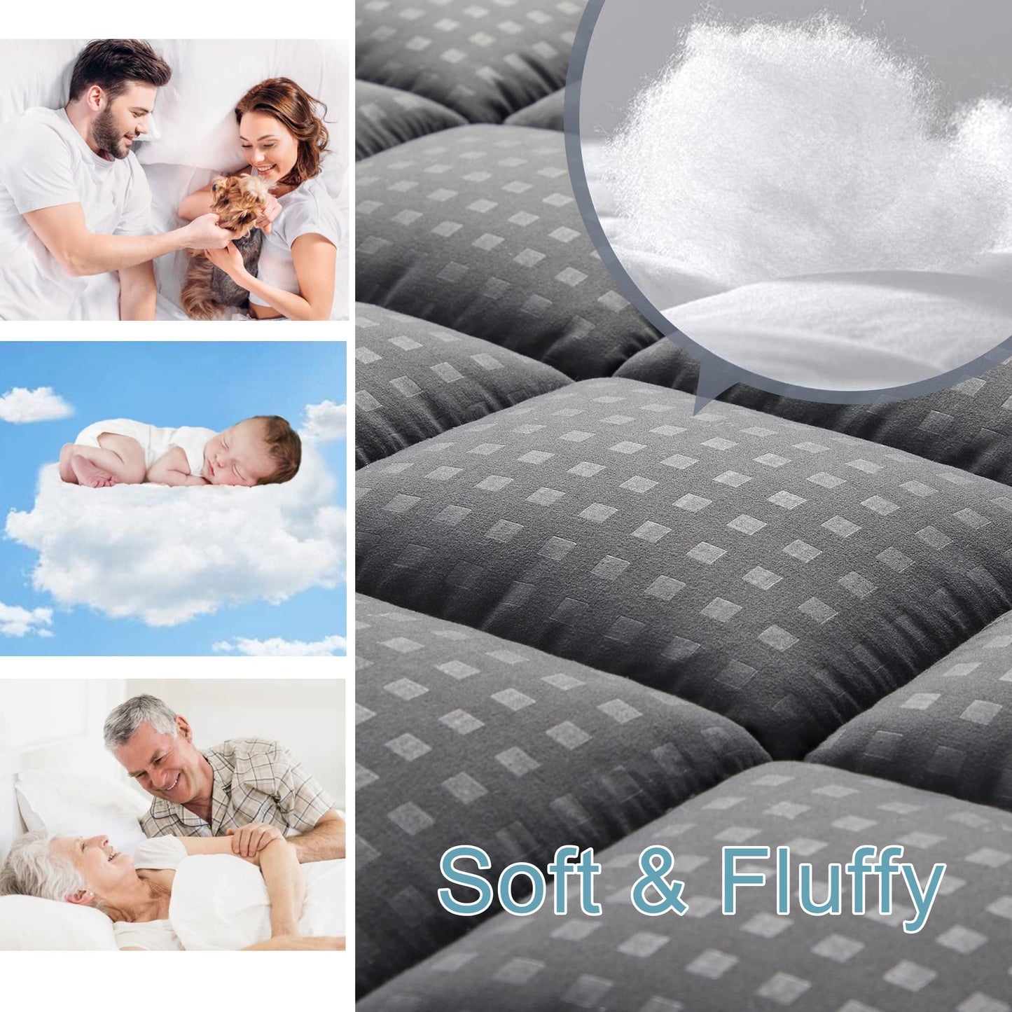 HYLEORY Queen Mattress Pad Quilted Fitted Mattress Protector Cooling Pillow Top Mattress Cover Breathable Fluffy Soft Mattress Topper with 8-21" Deep Pocket, Dark Grey
