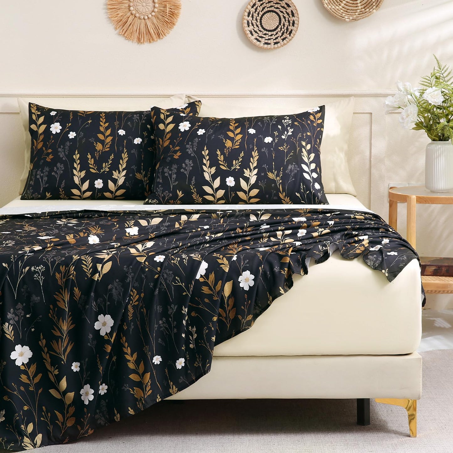 Botanical 6-Piece King Size Sheets Set, Boho Floral Print Brushed Microfiber Sheets, Cooling Bed Sheet Set, Ultra Soft & Breathable, 16' Deep Pocket Fitted Sheet & Pillowcase Set, Beige Brown Leaves