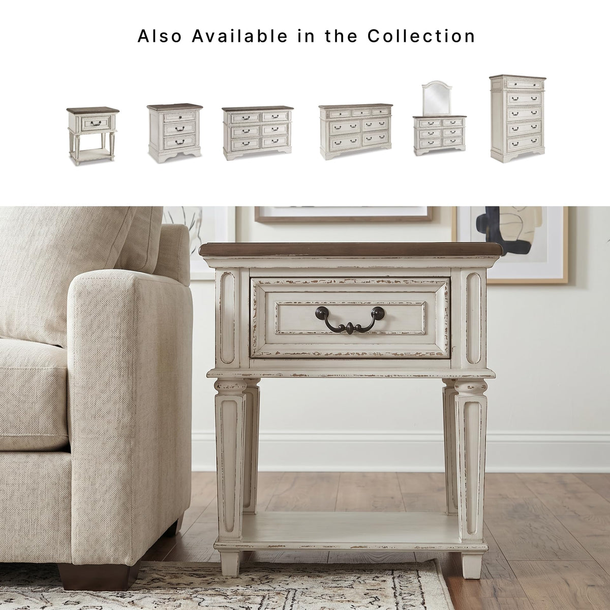 Signature Design by Ashley Realyn Traditional Cottage 1 Drawer Nightstand with Dovetail Construction & Open Display Shelf, Chipped White, 27" Tall, Distressed Brown