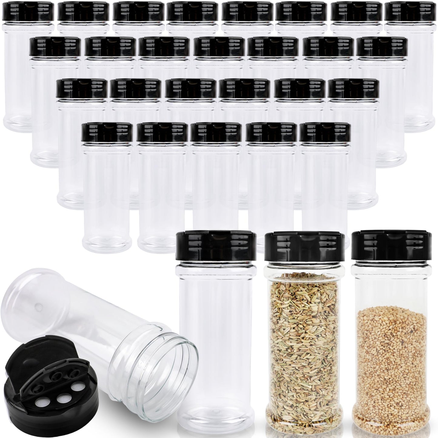Conagel 30 Pcs 6 oz Plastic Spice Jars with Shaker Lids Clear Spice Bottles with Black Cap Empty Seasoning Containers for Kitchen Storing Seasoning Powders