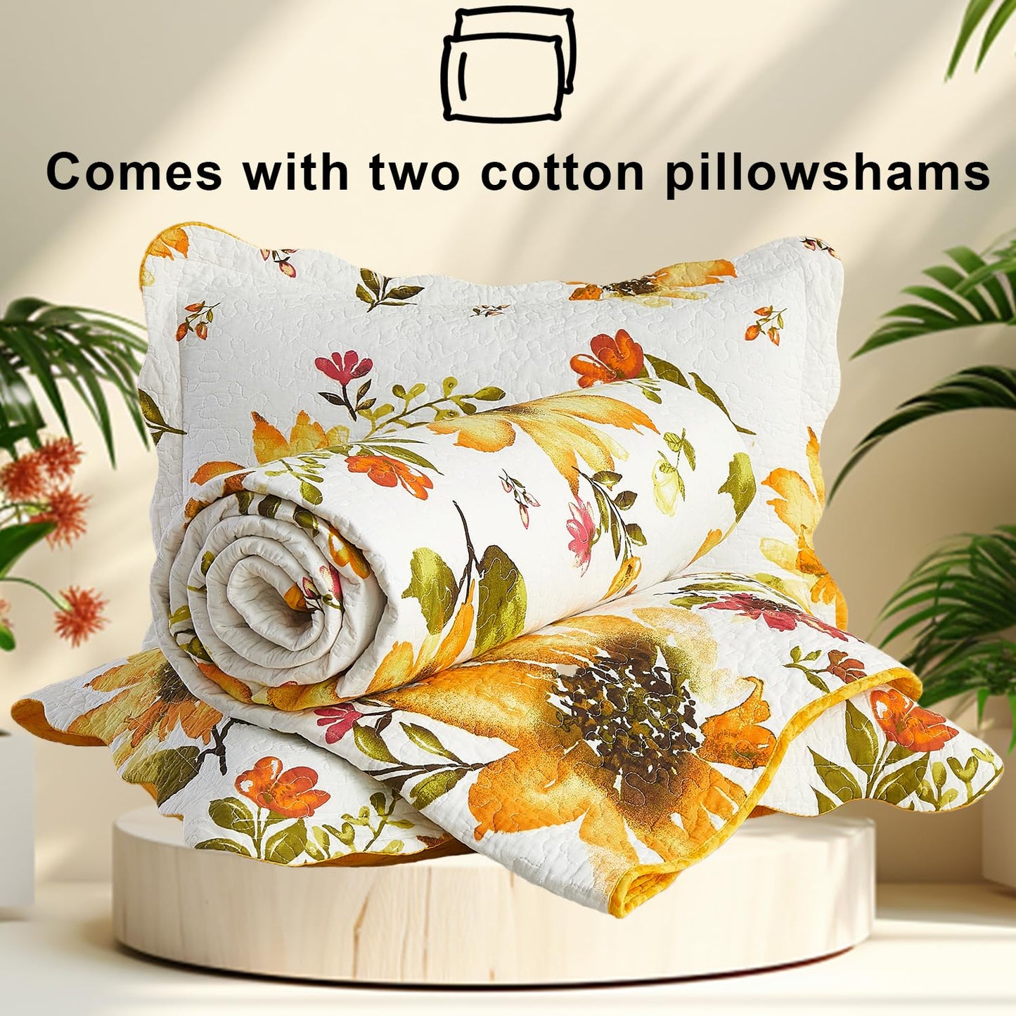 Cmfshape Floral Quilt Sets Bedspread Set,100% Cotton Yellow Sunflower Bedding Set,Reversible Lightweight Soft Bedspread Coverlet for All Season with 2 Pillow Shams(Queen 92"x96")