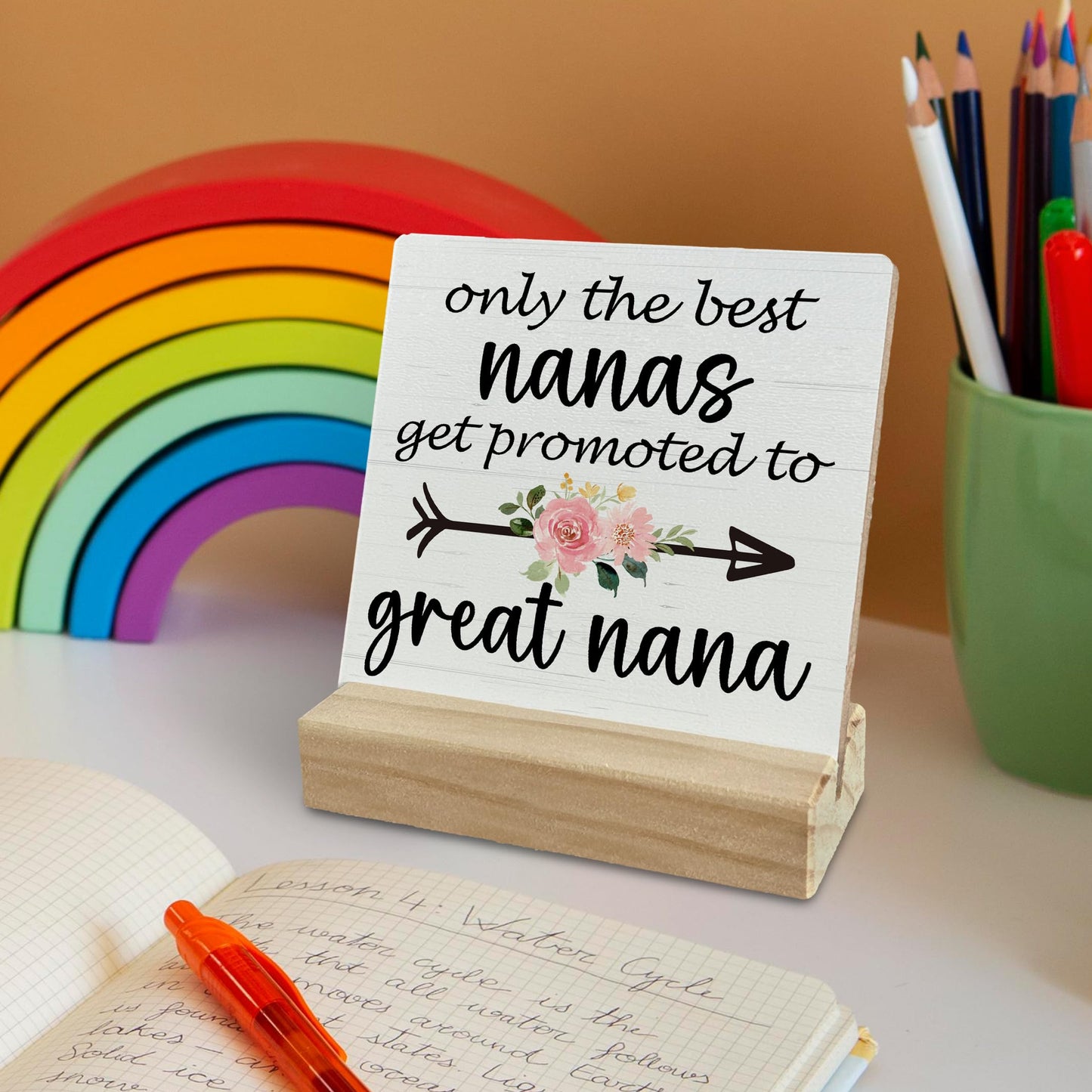 FUGWN Great Nana Gifts Desk Decor, Pregnancy Announcement for Grandma Wood Desk Sign, Gifts for Great Nana Grandma, Promoted to Great Nana Wooden Plaque with Wood Stand for Home Table Decor