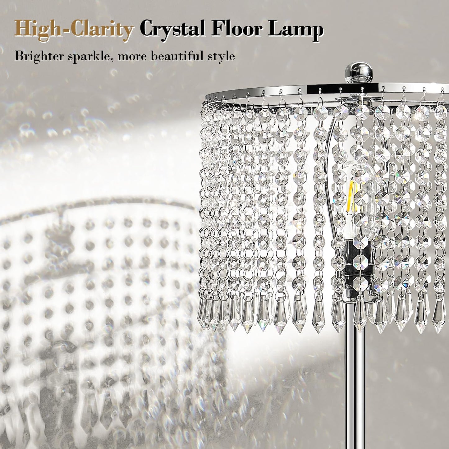 Yemela 【Upgraded】 Dimmable Crystal Floor Lamps for Living Room, 1000LM LED Bulb Included, Standing Lamp with Knob Switch, Tall Silver Modern Floor Lamp for Bedroom Nursery Office Reading