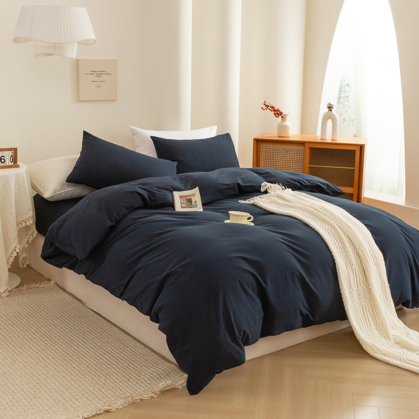 ECOCOTT Navy Blue Duvet Cover Queen Size, 100% Washed Cotton 3 Piece Bedding Set 1 Duvet Cover with Zipper and 2 Pillowcases, Ultra Soft and Easy Care Breathable Duvet Cover(Navy Blue, Queen)