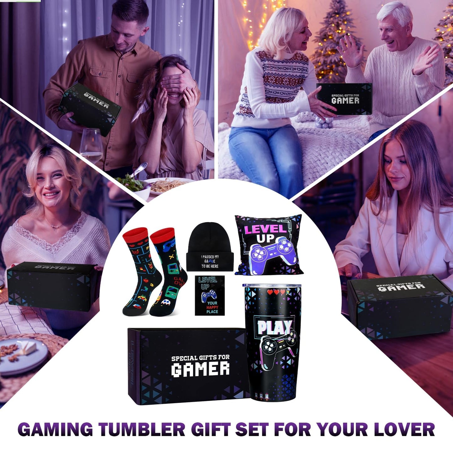 ANOTION Valentines Day Gamer Gifts for Him-5PCS Gaming Gift Set for Boyfriend Teen Boys Men - 20oz Insulated Tumbler, Beanie, Socks, Pillowcase, Card, Gaming Gifts Box for Teenage Boys