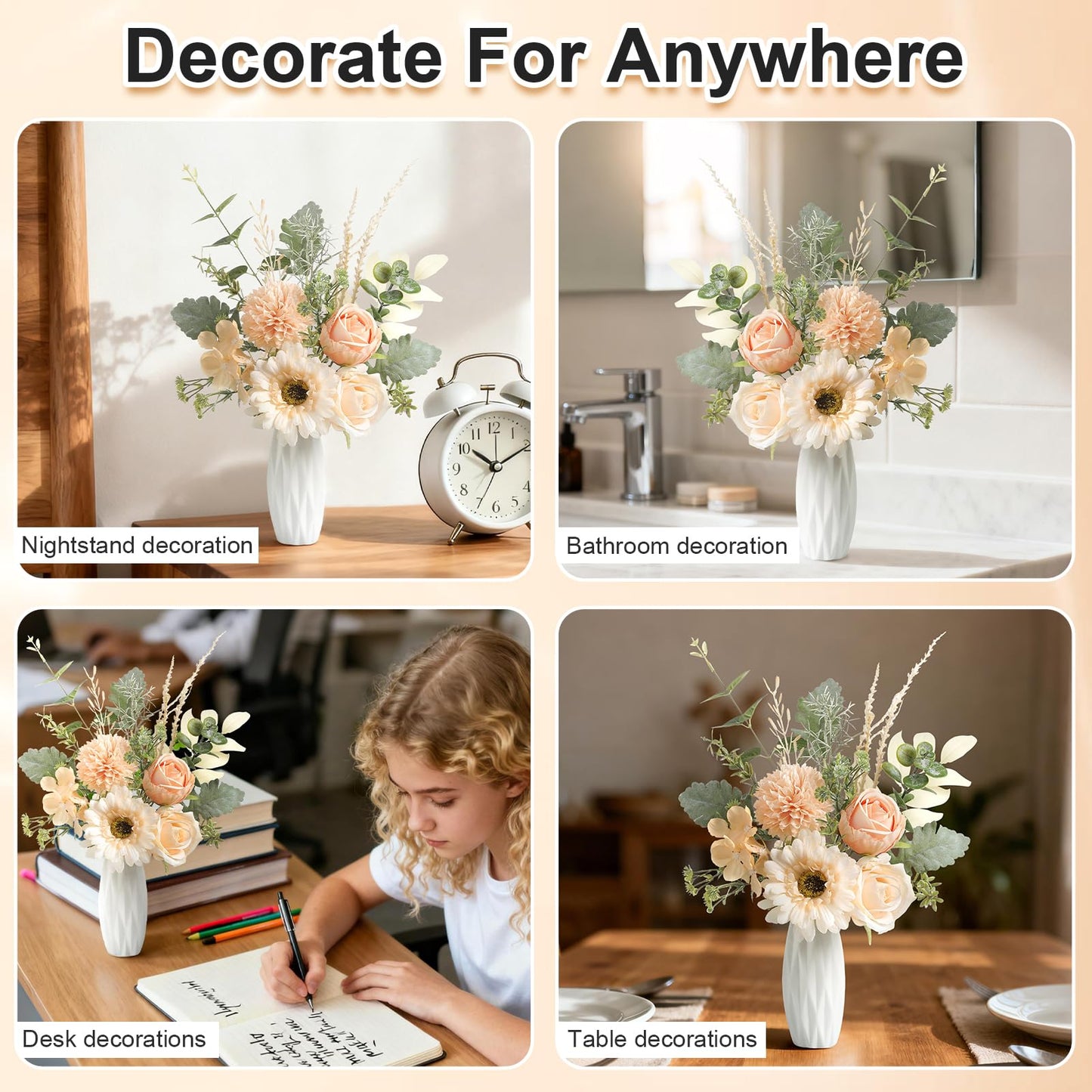 GAATEEK Small 11.8" Artificial Flowers in Ceramic Vase - Champagne Silk Flower Centerpiece for Dining Table, Office, Wedding & Farmhouse, Home Decor Gifts
