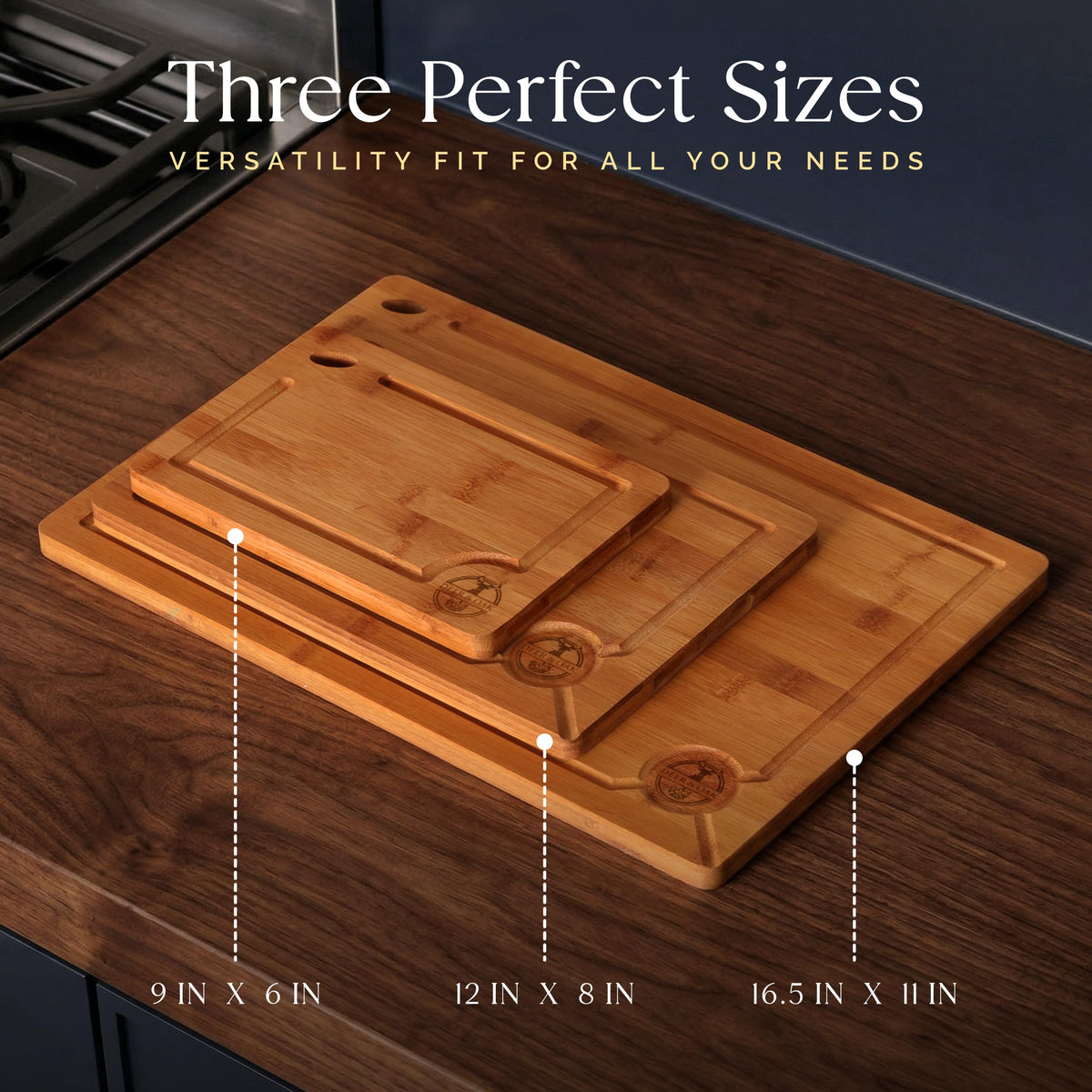 Pre-Oiled, Non Toxic 3-Piece Carbonized Bamboo Cutting Board Set, Eco-Friendly Wooden Chopping Boards for Kitchen with Hanging Hole, 500°F Carbonized Technology Charcuterie Serving Boards Deer & Oak