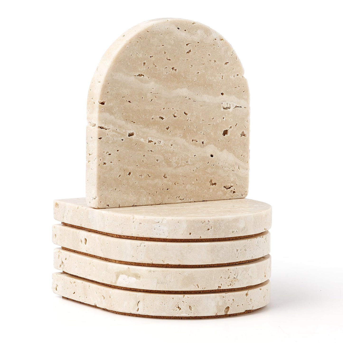 WORHE Marble Coaster for Drinks Set of 5 Natural Travertine Coasters for Home Decor Coffee Table, Modern Style Stone Cup Mat for Housewarming Party Hotel Bar Christmas Anniversary Present Beige(DL020)