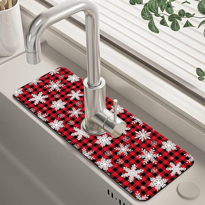 Christmas Snowflake Kitchen Sink Splash Guard Mat Buffalo Plaid Absorbent Fast
