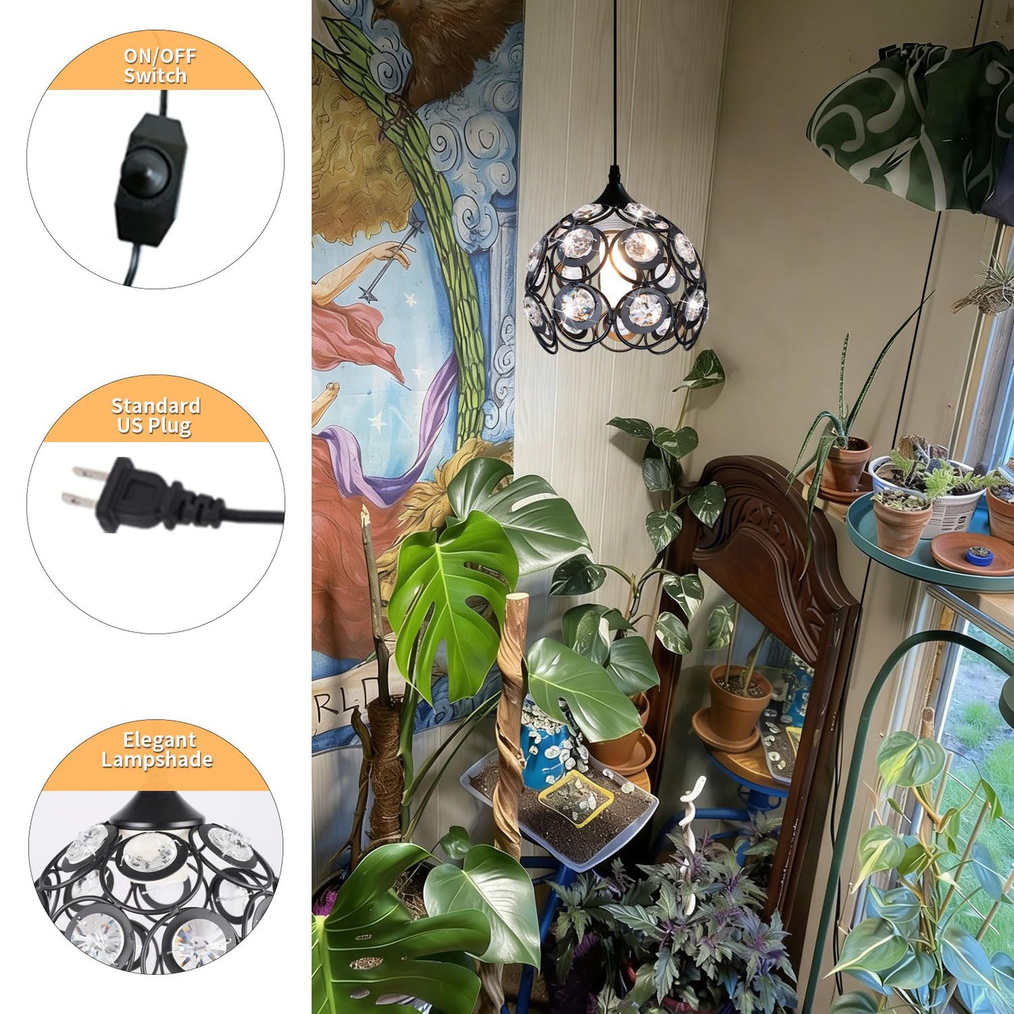 TISLYCO Black Plug in Chandelier, Crystal Hanging Lights with Plug in Cord 13.12ft and On/Off Switch, Hanging Pendant Light for Kitchen Island Bedroom Reading Area