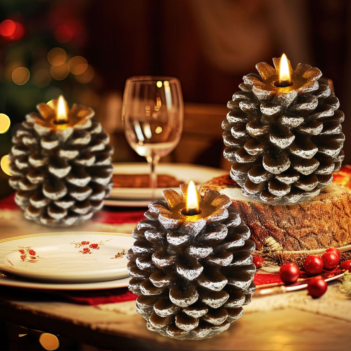 Baquler 3 Pcs LED Pine Cone Candles, Battery Operated, Flameless, Real Wax Pine Cone Candles with LED Flickering for Christmas Party Decoration