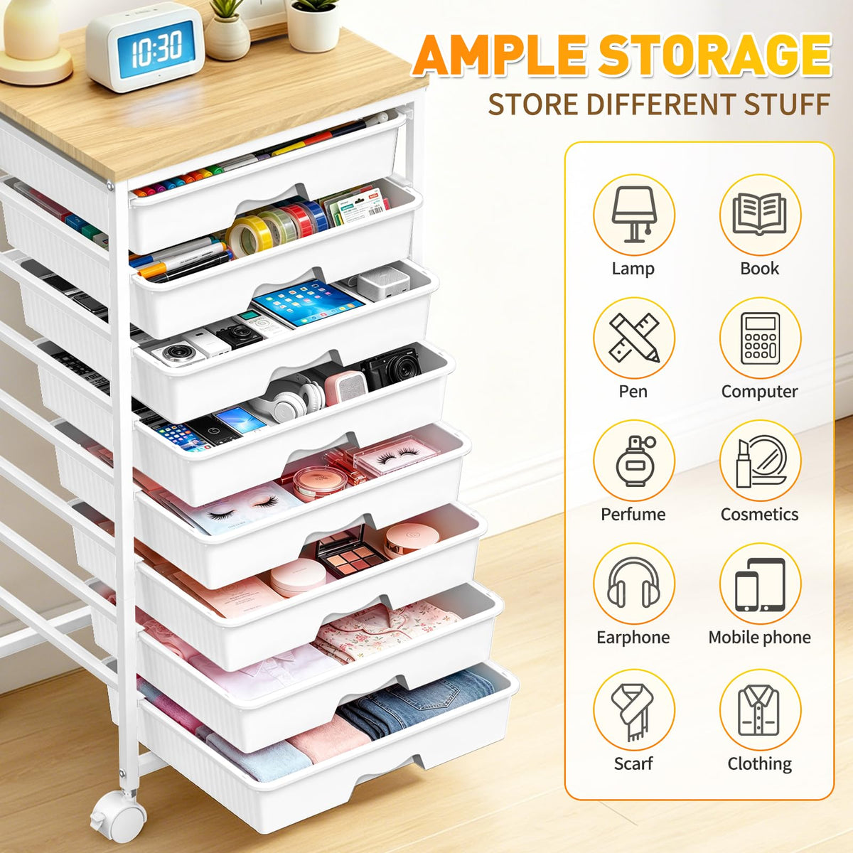 SUNALLY Rolling Cart With 8 Drawers, Storage Drawer Carts with Wooden Tabletop and 2 Lockable Wheels, 8 Tier Rolling Cart for Craft Art Supply Storage & Home Office Organization, White