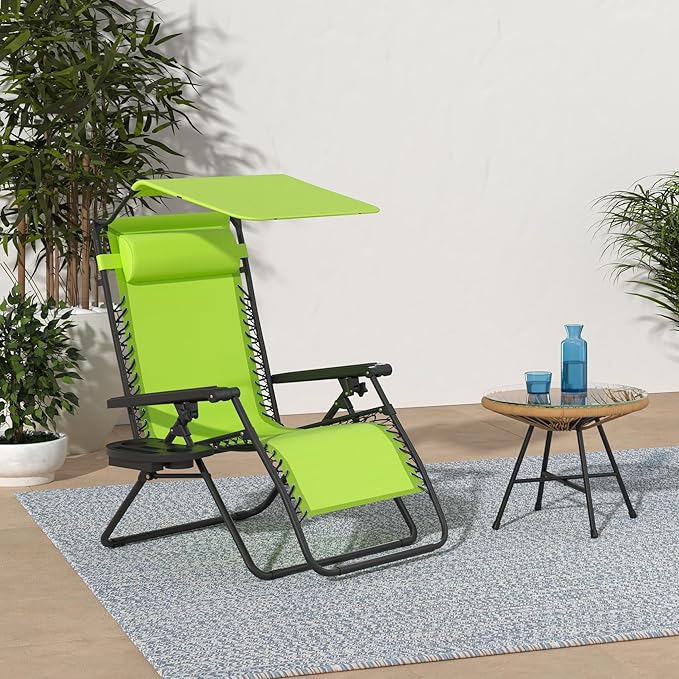 Best Choice Products Folding Zero Gravity Outdoor Recliner Patio Lounge Chair w/Adjustable Canopy Shade, Headrest, Side Accessory Tray, Textilene Mesh - Lime Green
