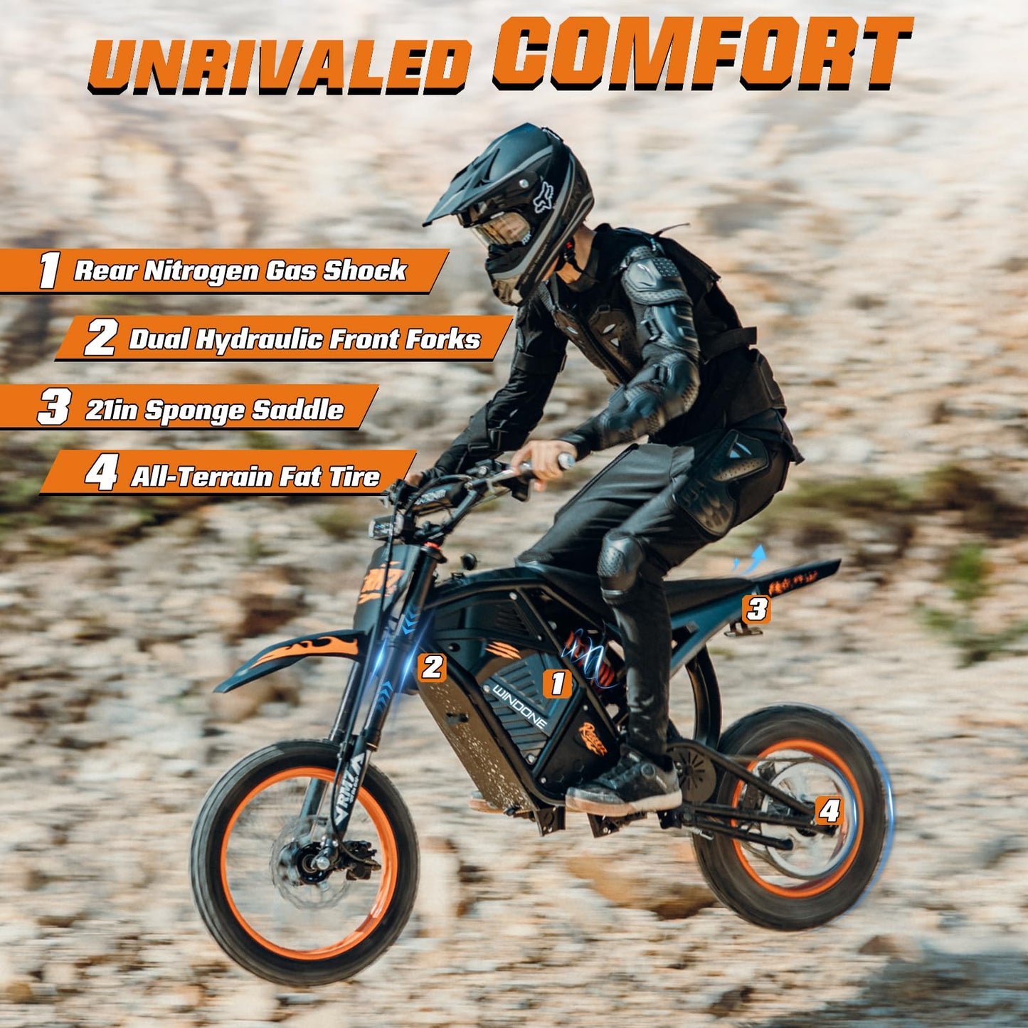 Windone RM7 Electric Dirt Bike for Teens & Adults, 48V 22.5Ah, 37MPH & 45-Mile Electric Motorcycle, 2200W Ebike, 14"/12" Off-Road Tire E-Bike, Dual Hydraulic Brakes, Full Suspension, Orange