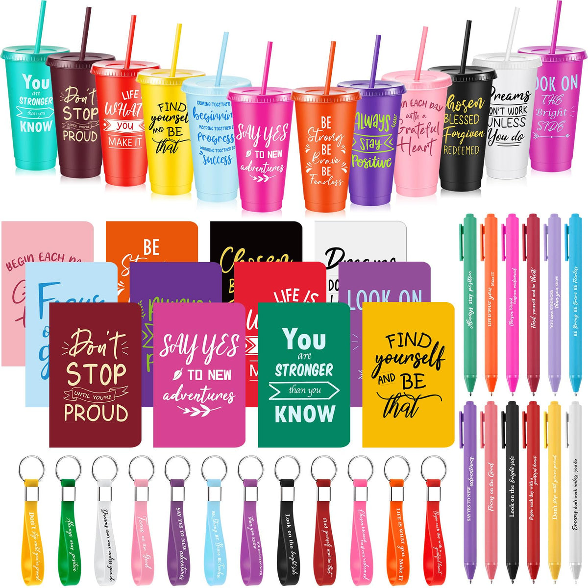 Hollowfly 12 Sets / 48 Pcs Inspirational Gifts Bulk for Employee Appreciation, 24 oz Plastic Cups and Pens Notebooks Keychains Set, Group Gifts for Office Staff Coworkers (Colorful)