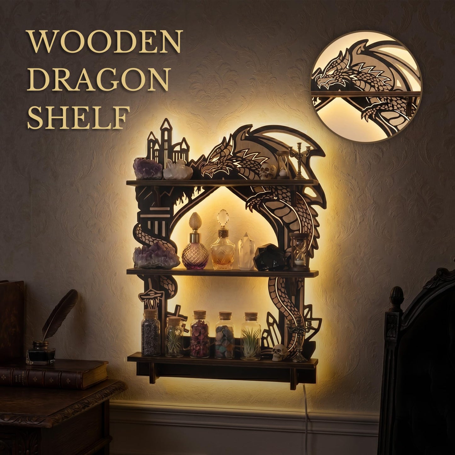 FNYDOX Wooden Dragon Shelf, Gothic Trinket & Knick Knack Shelves, Witchy Fantasy Dragon Decor with LED Light, Floating Shelf for Crystals Rocks Gems Healing Stones Display, Essential Oil Wall Shelf