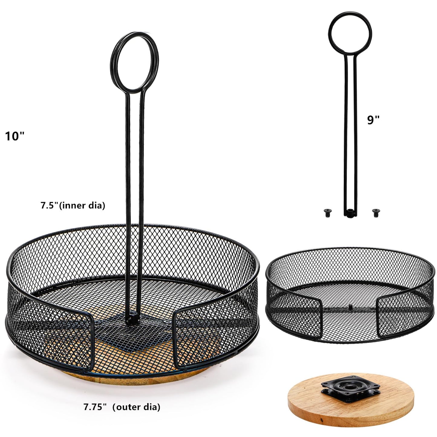 Yesland 2 Pack Metal Rotating Condiment Caddy with Number Card Holder, 7.75 Inch Round Caddy with Wooden Base, Black Coated Table Seasoning Organizer for Grill Outdoors, Dining Table, BBQ