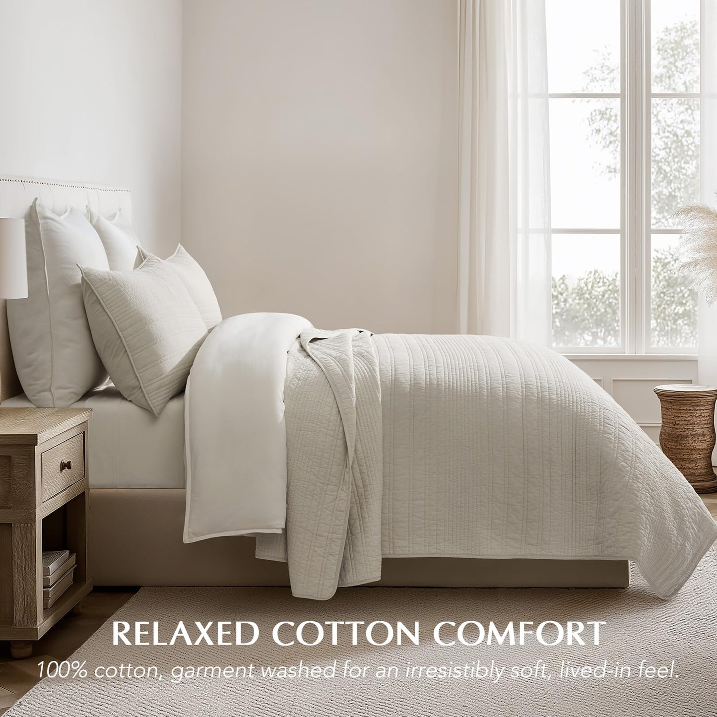 EVERGRACEHOME 100% Cotton Modern Lines Quilt Set King Size, Pre-Washed Soft Striped Coverlet Bedspread, 3 Piece Lightweight Bedding Set for All Season, with 2 Pillow Shams, Birch