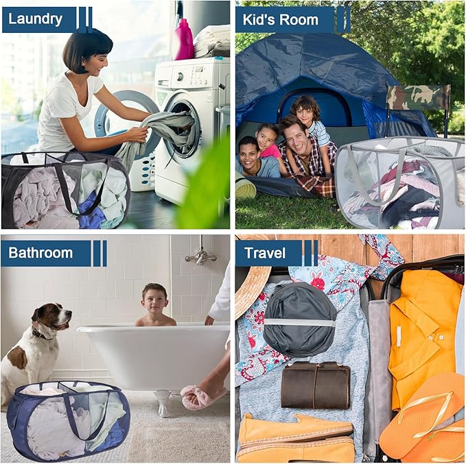 4 Pack Collapsible Laundry Baskets Dual Compartment, Mesh Pop Up Hamper