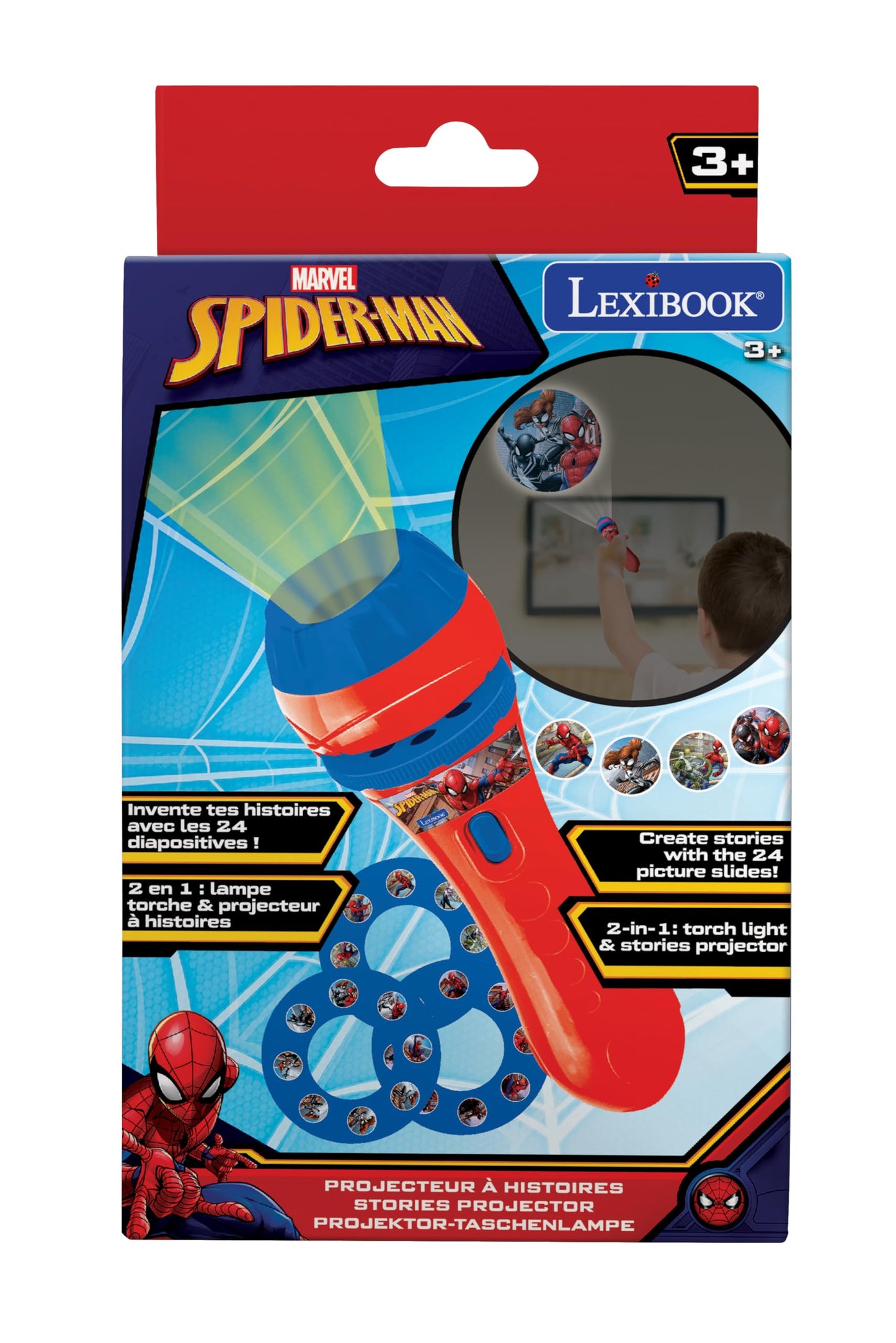 LEXIBOOK Stories projector, Spider-Man torch light and projector with 3 discs, 24 images, create your own stories, LTC050SP