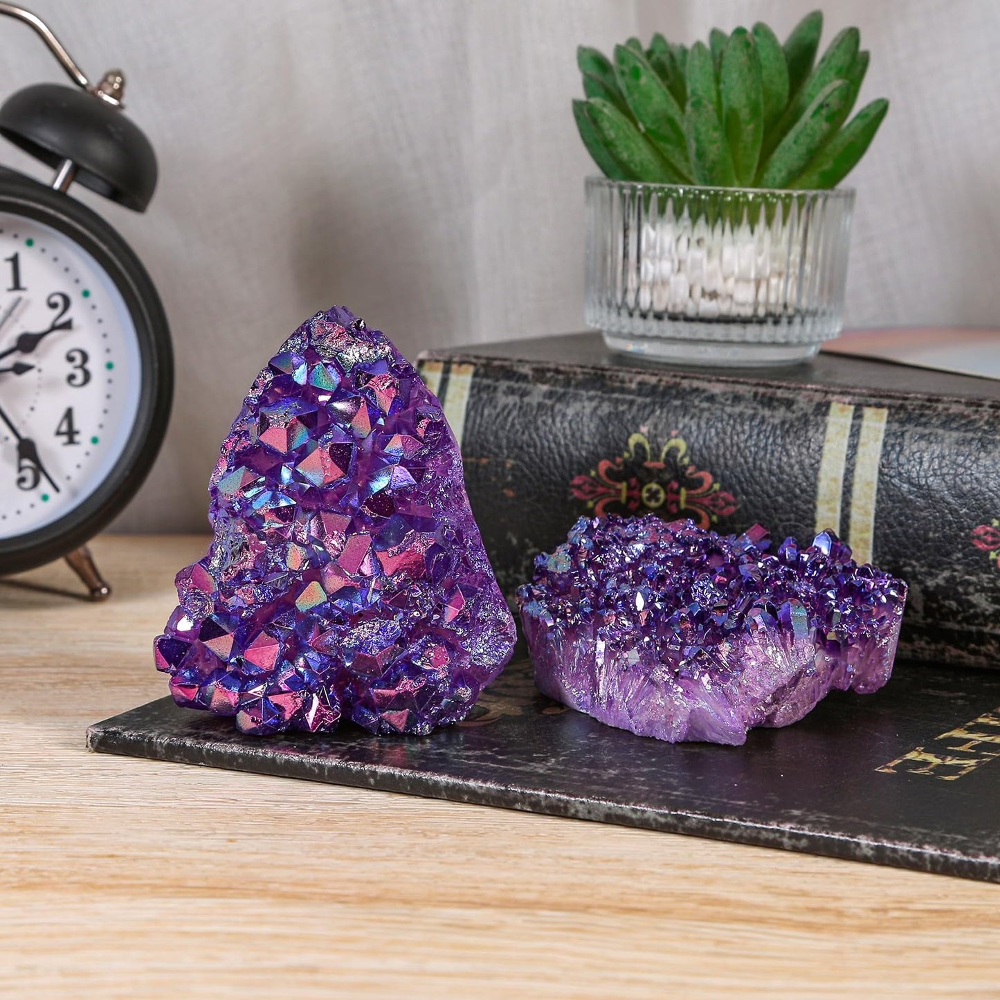 mookaitedecor Natural Clear Quartz Crystal Cluster Titanium Coated Geode Stone Self-Standing Rock Quartz Mineral Specimen for Healing Home Office Decor, Purple