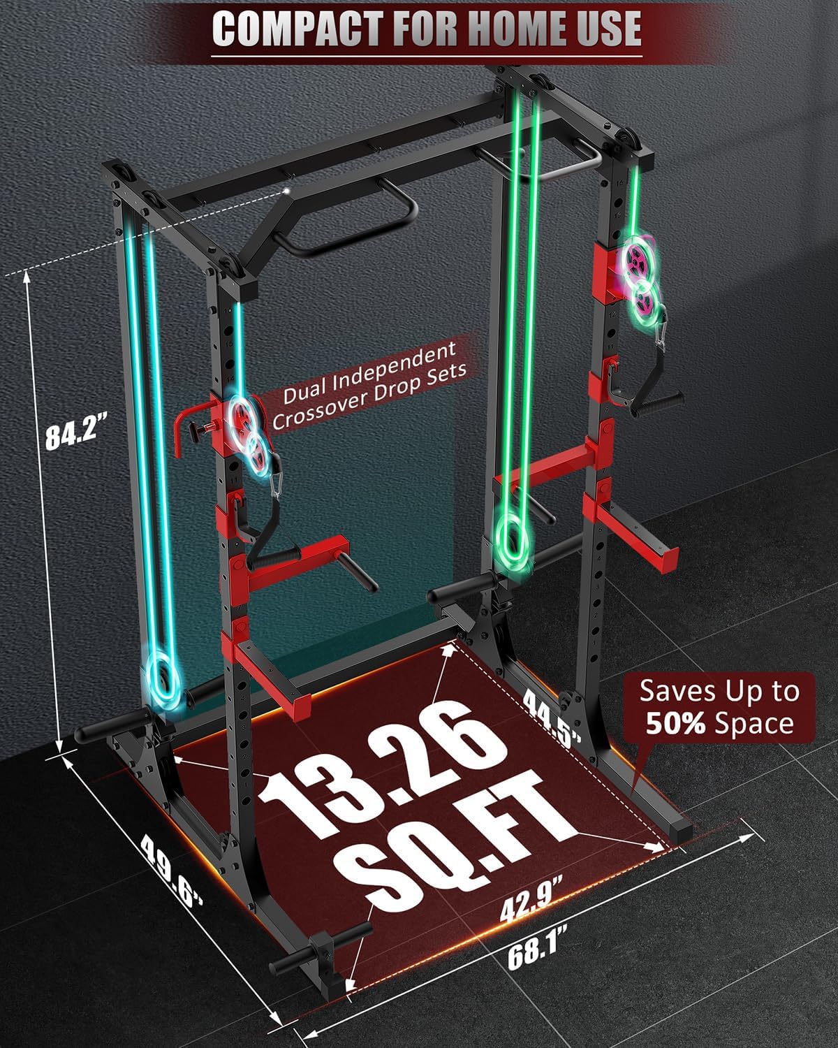OPPSDECOR 2.0 PRO Power Cage Home Gym - 2000LBS Heavy Duty Power Rack with Independent Dual Pulley Cable Crossover System, Safety Bar, J-Hook, Pull-up Bar, Dip Station - 13.26 ft² Compact Squat Rack