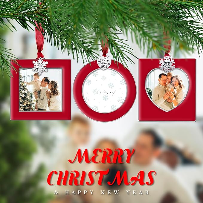 GUOER 3PCS Christmas Tree Ornaments Set Picture Frame Ornament Holiday Keepsake Gift Home Decor Christmas Decorations Xmas Gifts Pendant with 2.5” Photo Frame Insert (Red 2025)