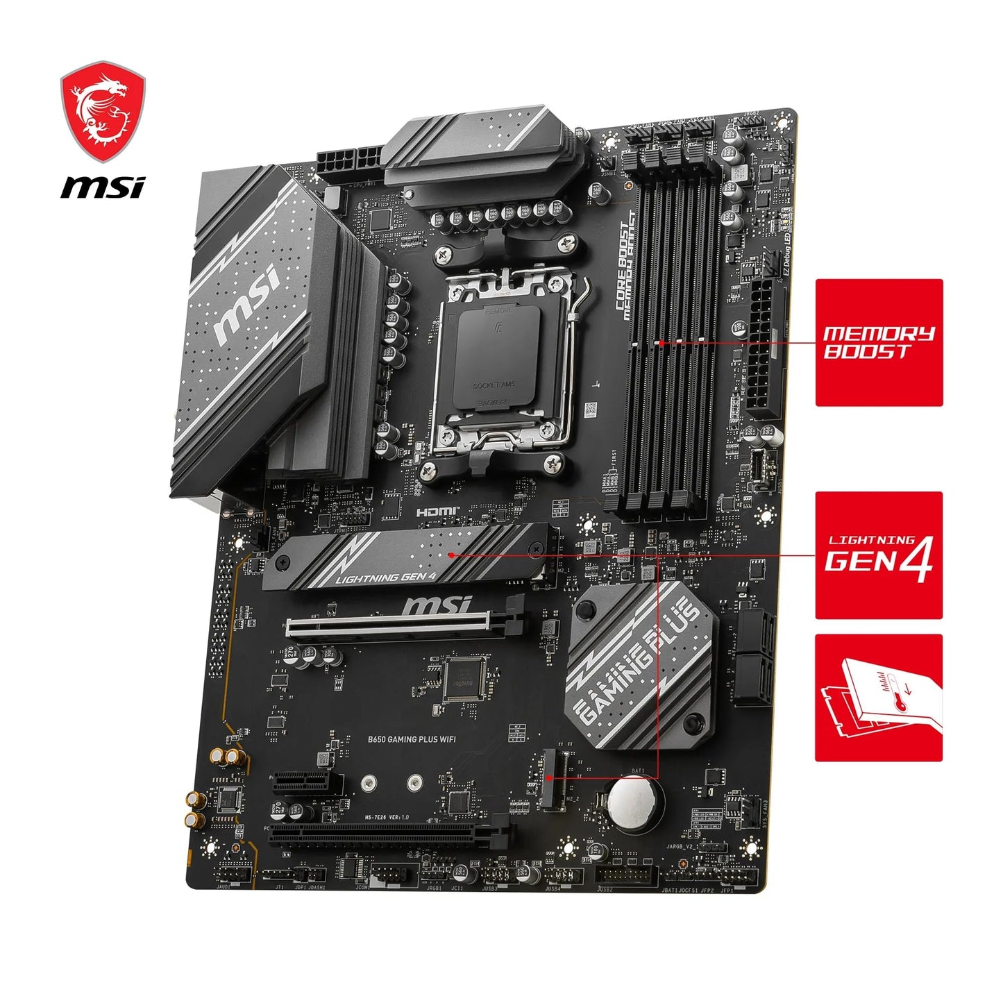 MSI B650 GAMING PLUS WIFI Motherboard, ATX - Supports AMD Ryzen 9000 / 8000 / 7000 Series Processors, AM5 - 14+2 Duet Rail VRM, DDR5 Memory Boost 6400+MHz/OC, 2 x PCIe 4.0 x16, 2 x M.2 Gen4, Wi-Fi 6E