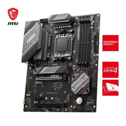 MSI B650 GAMING PLUS WIFI Motherboard, ATX - Supports AMD Ryzen 9000 / 8000 / 7000 Series Processors, AM5 - 14+2 Duet Rail VRM, DDR5 Memory Boost 6400+MHz/OC, 2 x PCIe 4.0 x16, 2 x M.2 Gen4, Wi-Fi 6E