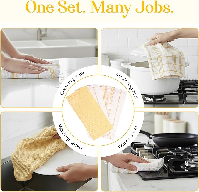 MosJos Kitchen Towels Set of 4 Dish Towels Yellow n White Waffle Weave Cotton