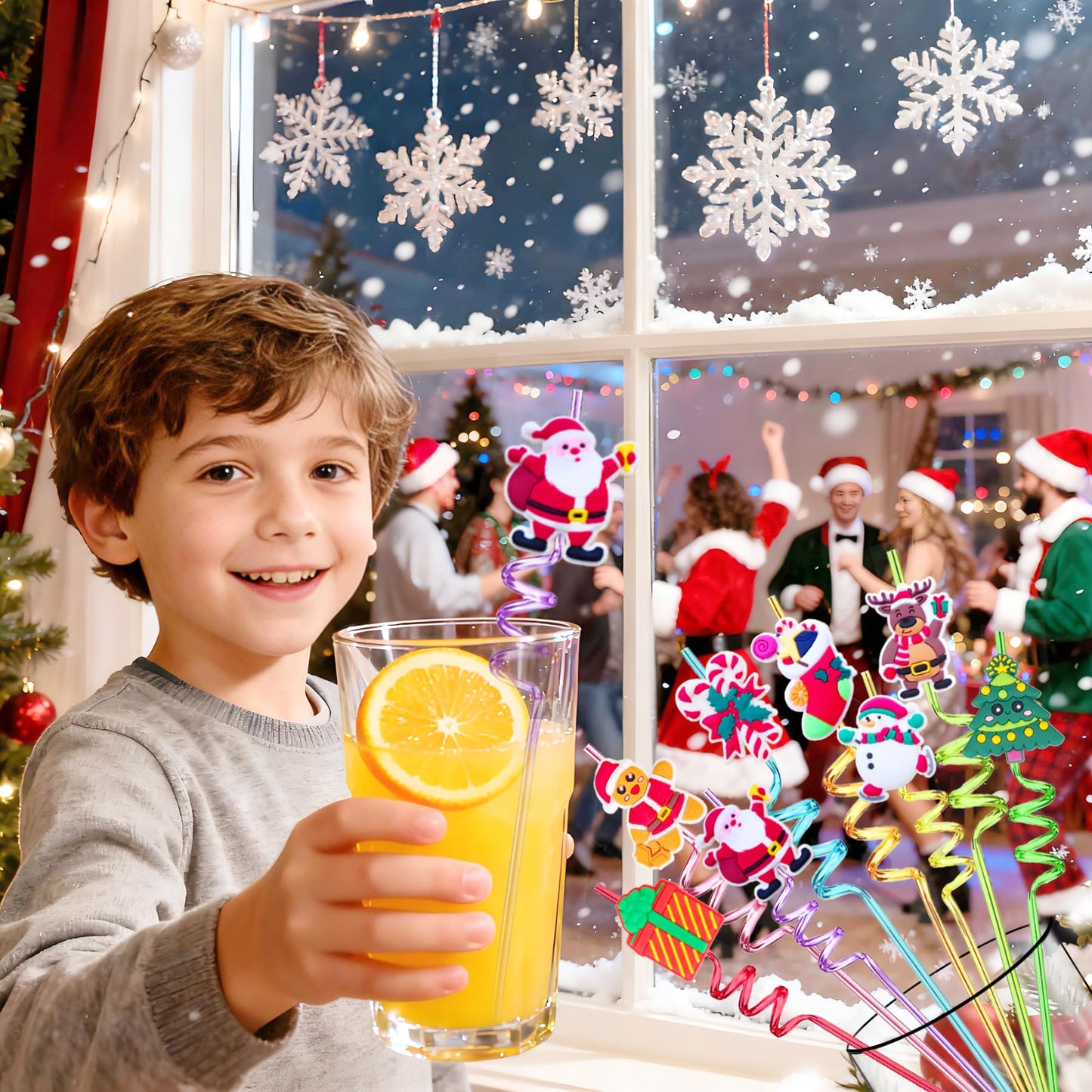 LEDUO 24 Christmas Party Favors Drinking Straws-Holiday Party Supplies-Reusable Xmas Santa Snowflakes Snowman Claus Reindeer Plastic Straw with Cartoon Decoration School Party Favors for Kids New Year