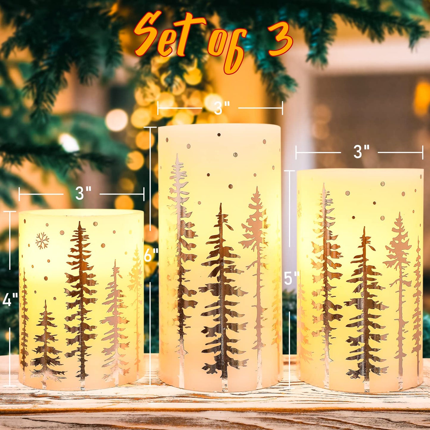 FLAVCHARM Christmas Flameless Candles, Battery Operated, Hot Stamping Silver Xmas Tree LED Flickering Candles with Remote and Timer, Holiday Decorative Pillar for Xmas, Party, Bedroom