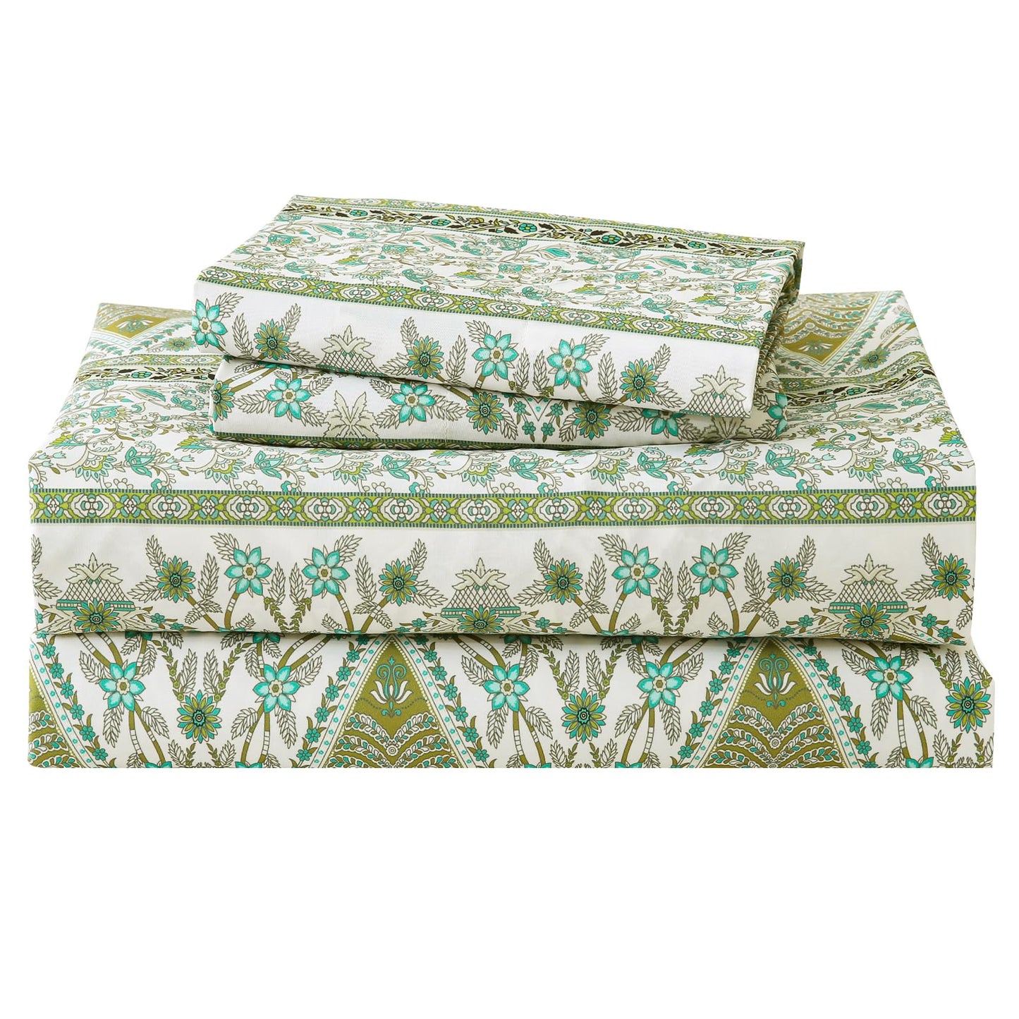 ChicView King Size Paisley Printed Sheet Set,4 Pieces Boho Style Breathable Soft Microfiber Bedsheets, Anti Pilling Deep Pockets Easy Care Bed Sheets, Green