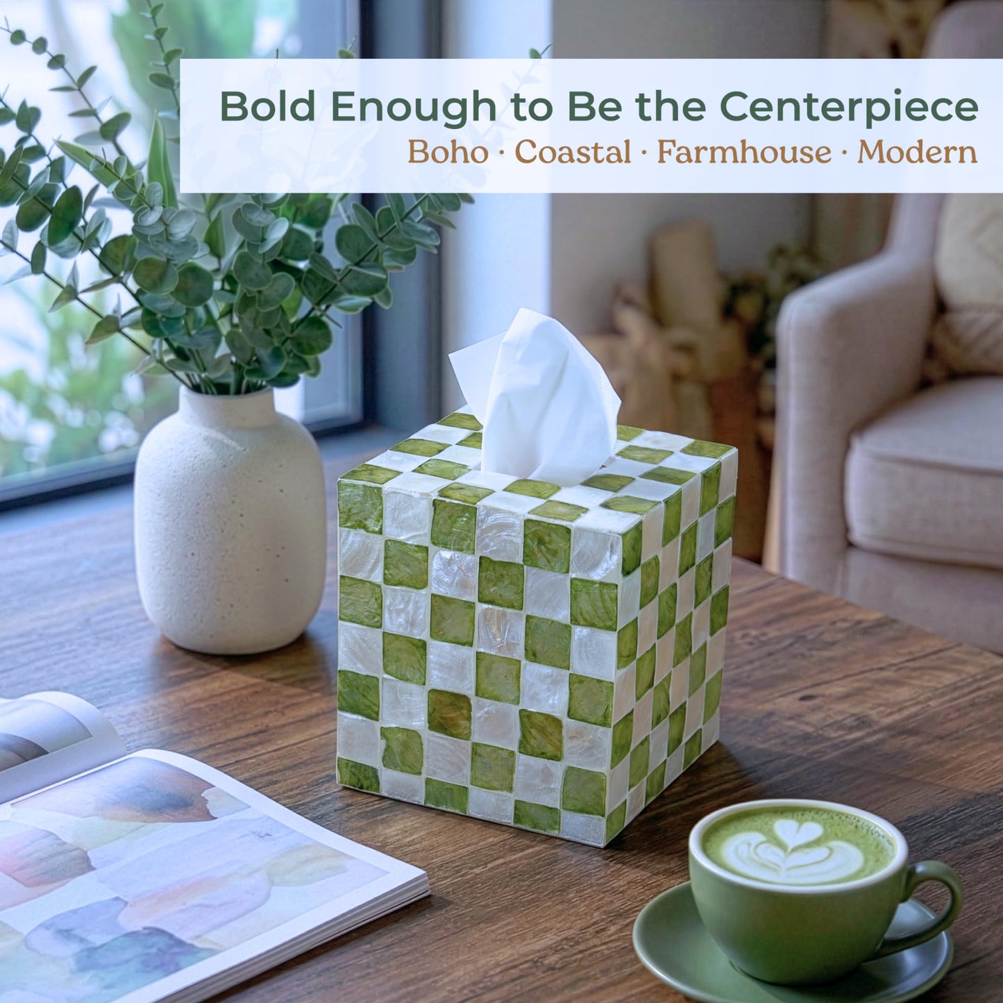 5.7" Square Tissue Box Cover for Kleenex and More, Handmade Green & White Checkered Capiz Shell Tissue Holder, Decorative Cube Tissue Box Cover for Bathroom, Living Room, Bedroom or Office (Natural)